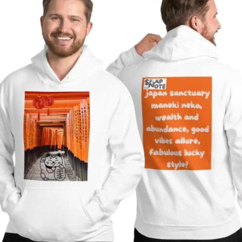 Man supermodel wearing Hoodie Hooded Sweatshirt Hooded Jersey Hooded Jumper Hooded Pullover Hooded Sweater Men Women Teens - maneki neko sanctuary japan orange pattern - White - 74.90 - SnapNote streetwear