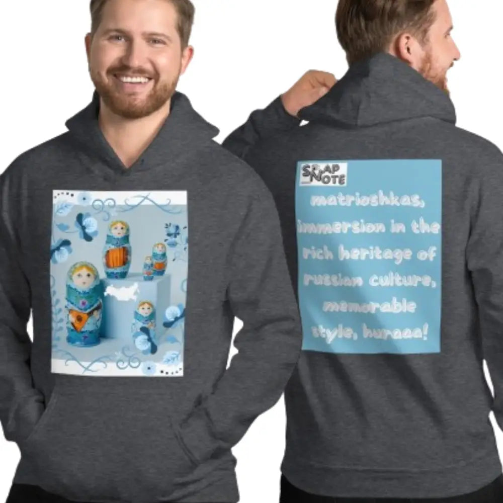 Man supermodel wearing Hoodie Hooded Sweatshirt Hooded Jersey Hooded Jumper Hooded Pullover Hooded Sweater Men Women Teens Unisex - matrioshkas dolls russia blue pattern - Dark-Heather - 74.90 - SnapNote streetwear