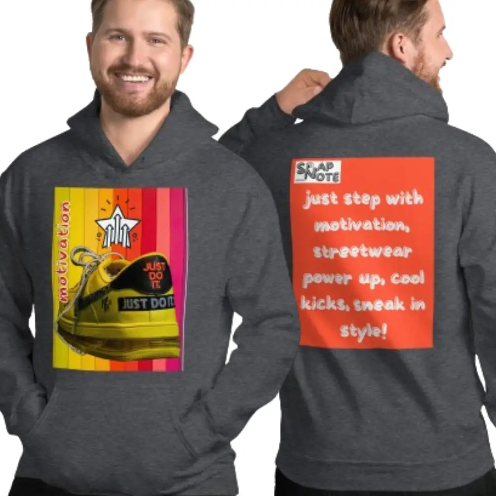 Man supermodel wearing Hoodie Hooded Sweatshirt Hooded Jersey Hooded Jumper Hooded Pullover Hooded Sweater Men Women Teens - motivation yellow leather sneaker orange pattern - Dark-Heather - 74.90 - SnapNote streetwear