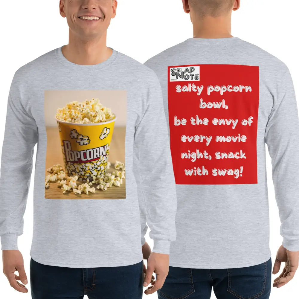 Man supermodel wearing T-Shirt TShirt T Shirt Tee Men Women Teens Unisex Long Sleeves Heavy Cotton Crew Neck - movie night popcorn bowl red pattern - Sport-Grey - 44.90 - SnapNote streetwear