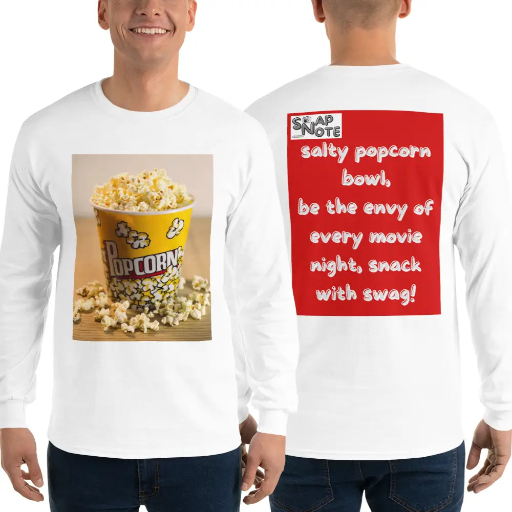 Man supermodel wearing T-Shirt TShirt T Shirt Tee Men Women Teens Unisex Long Sleeves Heavy Cotton Crew Neck - movie night popcorn bowl red pattern - White - 44.90 - SnapNote streetwear