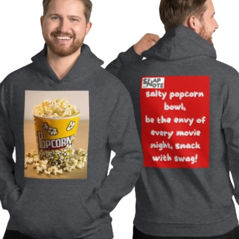 Man supermodel wearing Hoodie Hooded Sweatshirt Hooded Jersey Hooded Jumper Hooded Pullover Hooded Sweater Men Women Teens Unisex - movie night popcorn bowl red pattern - Dark-Heather - 74.90 - SnapNote streetwear