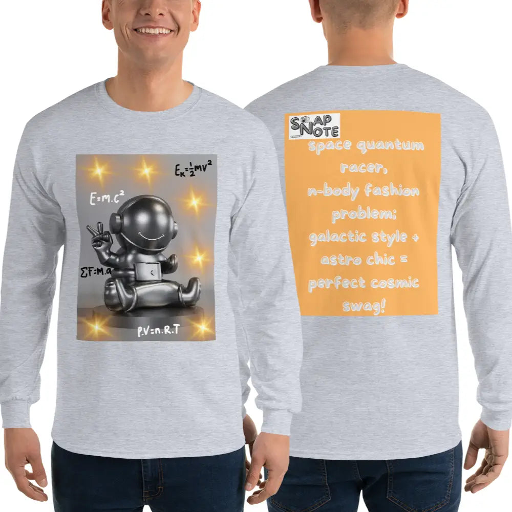 Man supermodel wearing T-Shirt TShirt T Shirt Tee Men Women Teens Unisex Long Sleeves Heavy Cotton Crew Neck - spaceman quantum physics equation orange pattern - Sport-Grey - 44.90 - SnapNote streetwear