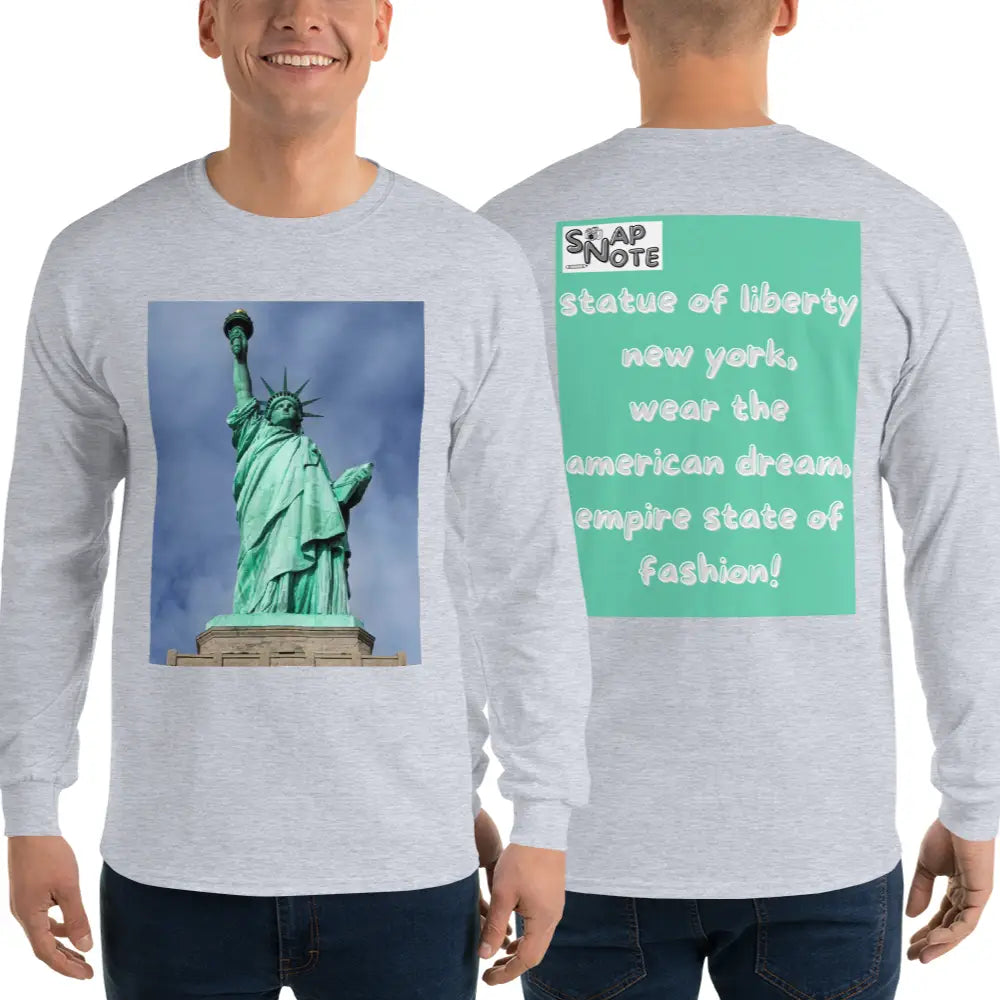 Man supermodel wearing T-Shirt TShirt T Shirt Tee Men Women Teens Unisex Long Sleeves Heavy Cotton Crew Neck - statue liberty new york usa turquoise pattern - Sport-Grey - 44.90 - SnapNote streetwear