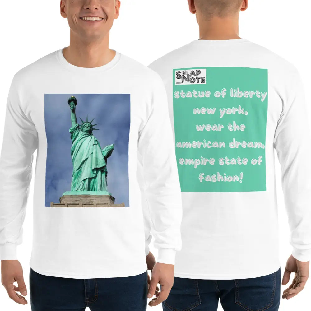 Man supermodel wearing T-Shirt TShirt T Shirt Tee Men Women Teens Unisex Long Sleeves Heavy Cotton Crew Neck - statue liberty new york usa turquoise pattern - White - 44.90 - SnapNote streetwear