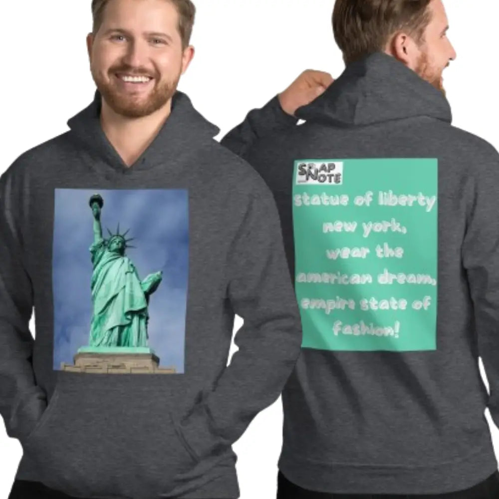 Man supermodel wearing Hoodie Hooded Sweatshirt Hooded Jersey Hooded Jumper Hooded Pullover Hooded Sweater Men Women Teens - statue liberty new york usa turquoise pattern - Dark-Heather - 74.90 - SnapNote streetwear