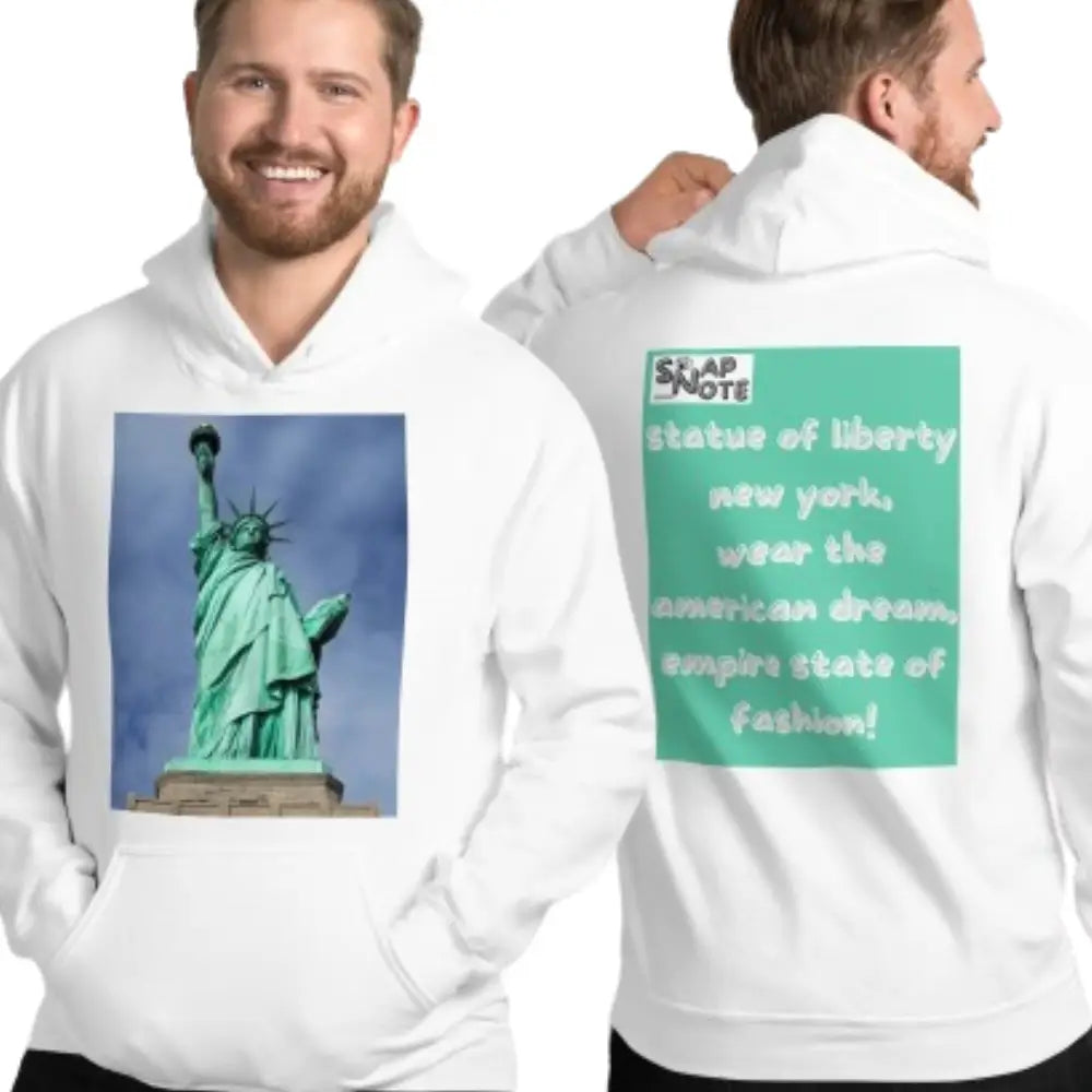 Man supermodel wearing Hoodie Hooded Sweatshirt Hooded Jersey Hooded Jumper Hooded Pullover Hooded Sweater Men Women Teens - statue liberty new york usa turquoise pattern - White - 74.90 - SnapNote streetwear