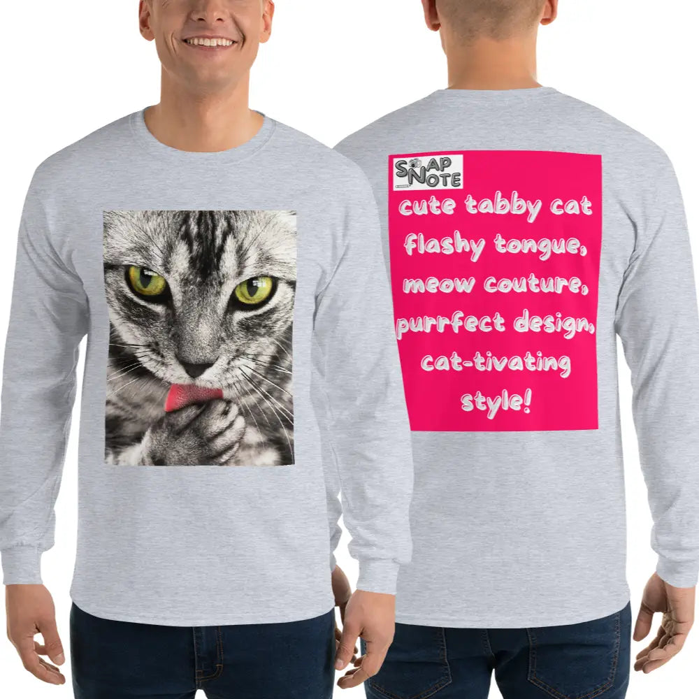 Man supermodel wearing T-Shirt TShirt T Shirt Tee Men Women Teens Unisex Long Sleeves Heavy Cotton Crew Neck - animal pet tabby cat pink pattern - Sport-Grey - 44.90 - SnapNote streetwear