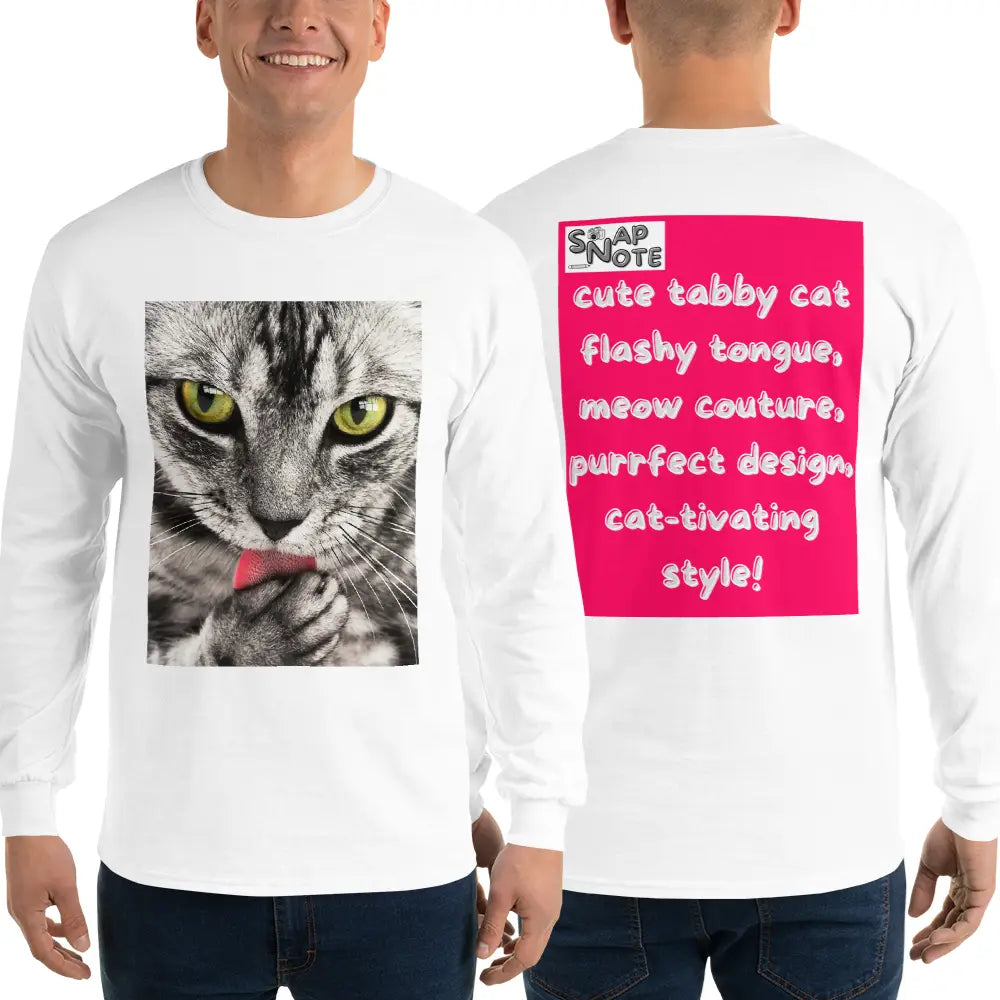 Man supermodel wearing T-Shirt TShirt T Shirt Tee Men Women Teens Unisex Long Sleeves Heavy Cotton Crew Neck - animal pet tabby cat pink pattern - White - 44.90 - SnapNote streetwear