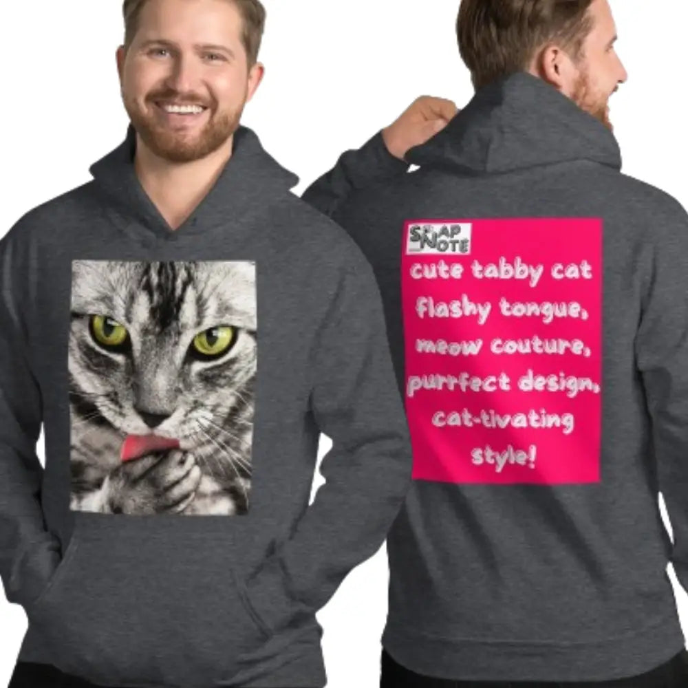 Man supermodel wearing Hoodie Hooded Sweatshirt Hooded Jersey Hooded Jumper Hooded Pullover Hooded Sweater Men Women Teens Unisex - animal pet tabby cat pink pattern - Dark-Heather - 74.90 - SnapNote streetwear