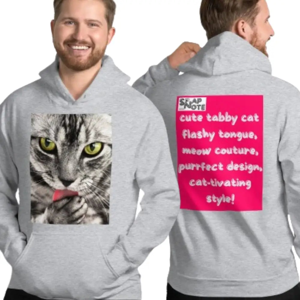 Man supermodel wearing Hoodie Hooded Sweatshirt Hooded Jersey Hooded Jumper Hooded Pullover Hooded Sweater Men Women Teens Unisex - animal pet tabby cat pink pattern - Sport-Grey - 74.90 - SnapNote streetwear