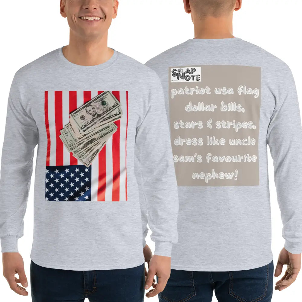 Man supermodel wearing T-Shirt TShirt T Shirt Tee Men Women Teens Unisex Long Sleeves Heavy Cotton Crew Neck - usa flag dollar bills beige pattern - Sport-Grey - 44.90 - SnapNote streetwear