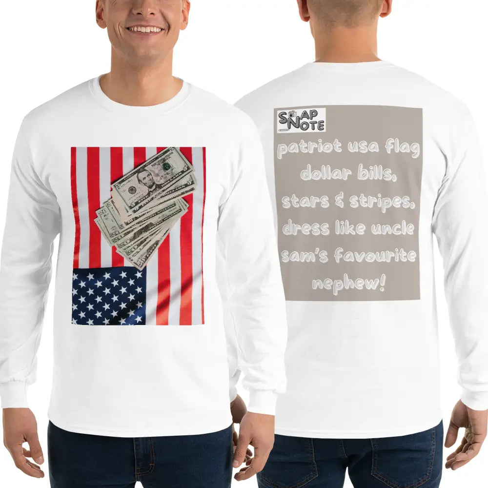 Man supermodel wearing T-Shirt TShirt T Shirt Tee Men Women Teens Unisex Long Sleeves Heavy Cotton Crew Neck - usa flag dollar bills beige pattern - White - 44.90 - SnapNote streetwear