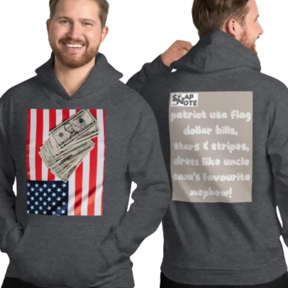 Man supermodel wearing Hoodie Hooded Sweatshirt Hooded Jersey Hooded Jumper Hooded Pullover Hooded Sweater Men Women Teens Unisex - usa flag dollar bills beige pattern - Dark-Heather - 74.90 - SnapNote streetwear