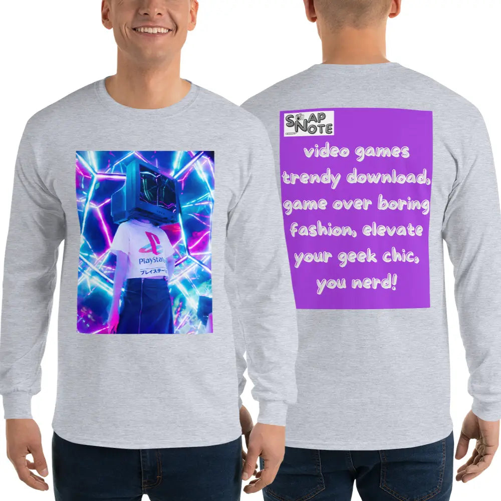 Man supermodel wearing T-Shirt TShirt T Shirt Tee Men Women Teens Unisex Long Sleeves Heavy Cotton Crew Neck - video game geek player purple pattern - Sport-Grey - 44.90 - SnapNote streetwear