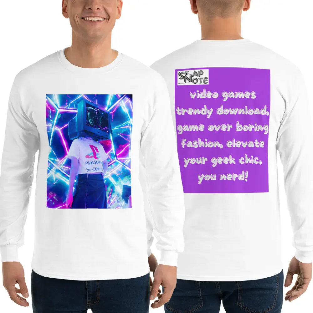 Man supermodel wearing T-Shirt TShirt T Shirt Tee Men Women Teens Unisex Long Sleeves Heavy Cotton Crew Neck - video game geek player purple pattern - White - 44.90 - SnapNote streetwear