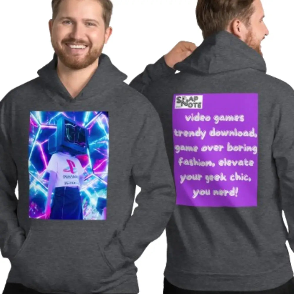 Man supermodel wearing Hoodie Hooded Sweatshirt Hooded Jersey Hooded Jumper Hooded Pullover Hooded Sweater Men Women Teens Unisex - video game geek player purple pattern - Dark-Heather - 74.90 - SnapNote streetwear