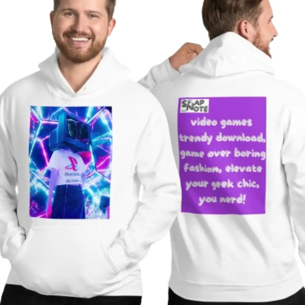 Man supermodel wearing Hoodie Hooded Sweatshirt Hooded Jersey Hooded Jumper Hooded Pullover Hooded Sweater Men Women Teens Unisex - video game geek player purple pattern - White - 74.90 - SnapNote streetwear