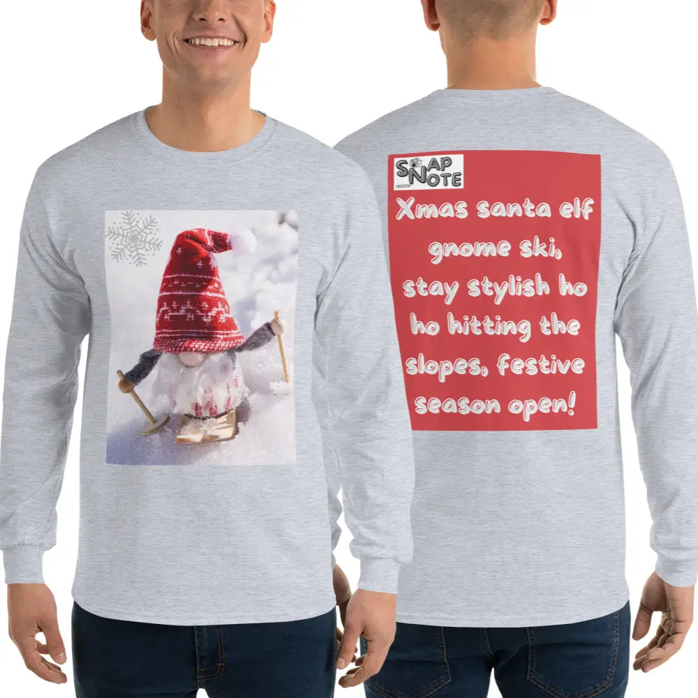 Man supermodel wearing T-Shirt TShirt T Shirt Tee Men Women Teens Unisex Long Sleeves Heavy Cotton Crew Neck - xmas elf gnome snow ski red pattern - Sport-Grey - 44.90 - SnapNote streetwear