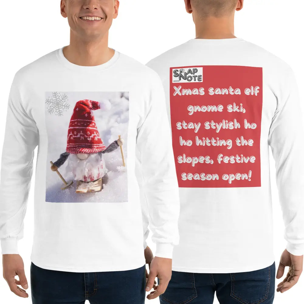 Man supermodel wearing T-Shirt TShirt T Shirt Tee Men Women Teens Unisex Long Sleeves Heavy Cotton Crew Neck - xmas elf gnome snow ski red pattern - White - 44.90 - SnapNote streetwear