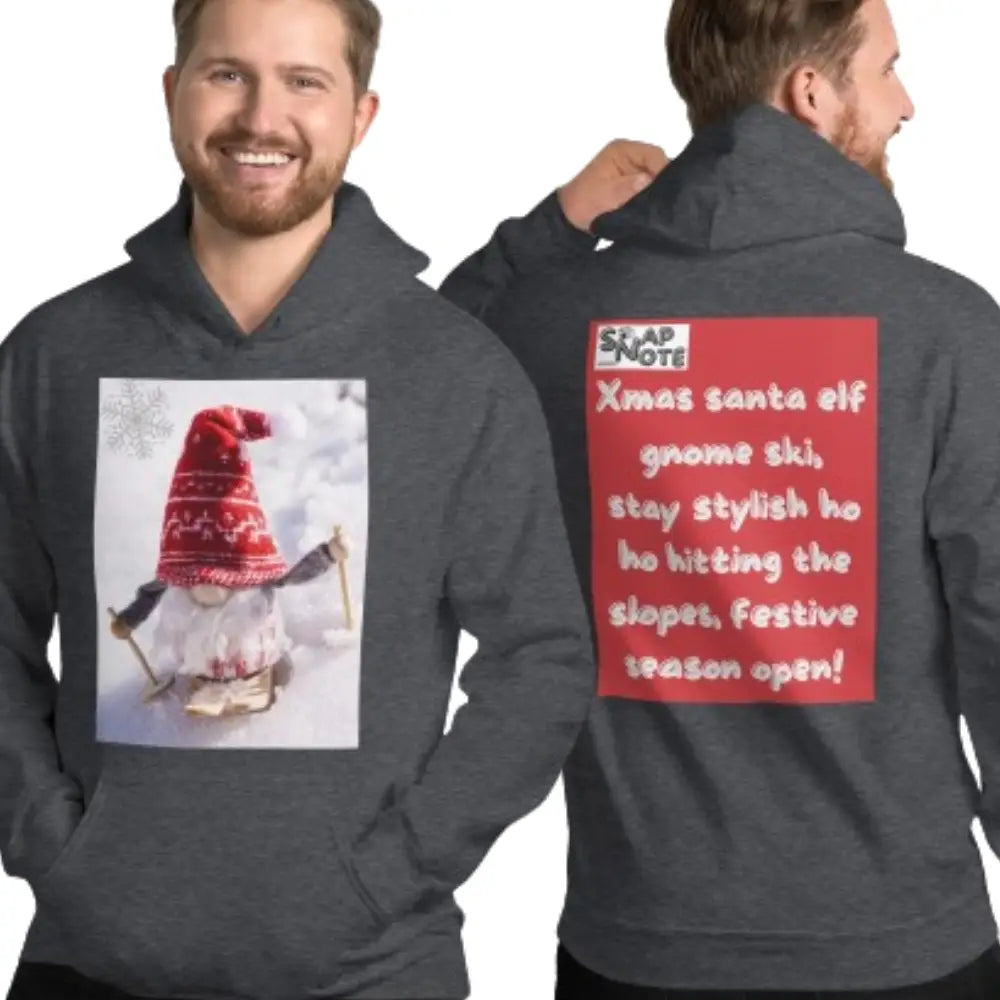 Man supermodel wearing Hoodie Hooded Sweatshirt Hooded Jersey Hooded Jumper Hooded Pullover Hooded Sweater Men Women Teens Unisex - xmas elf gnome snow ski red pattern - Dark-Heather - 74.90 - SnapNote streetwear