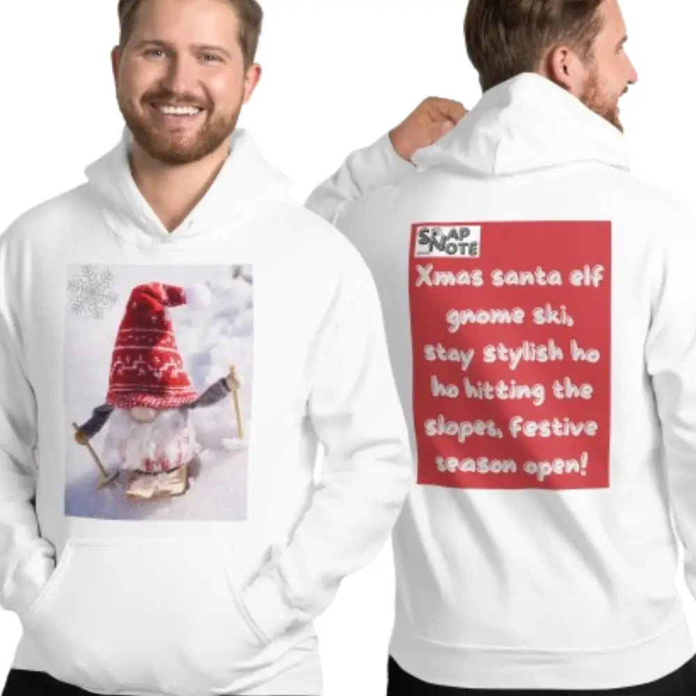 Man supermodel wearing Hoodie Hooded Sweatshirt Hooded Jersey Hooded Jumper Hooded Pullover Hooded Sweater Men Women Teens Unisex - xmas elf gnome snow ski red pattern - White - 74.90 - SnapNote streetwear