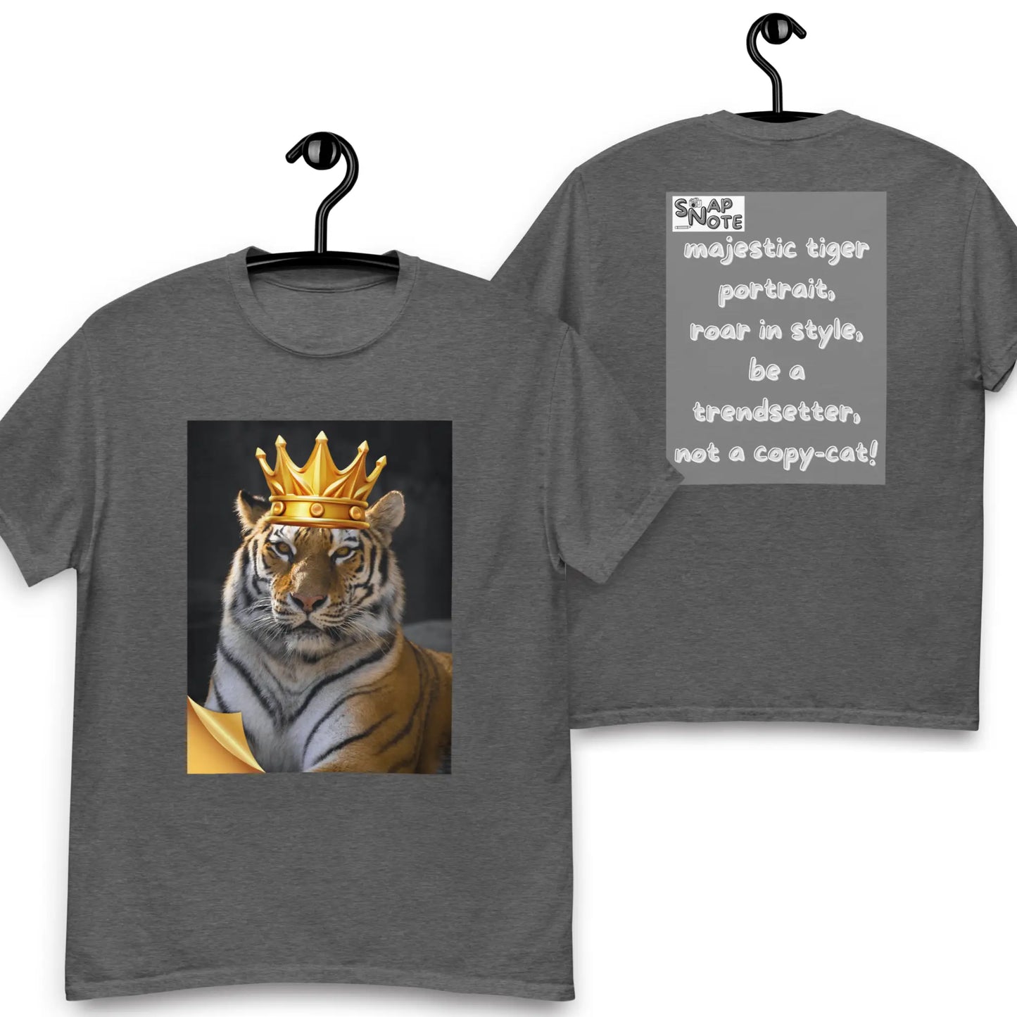 T-Shirt TShirt Tee Men Women Teens Unisex Heavy Cotton Round Neck - animal feline crown tiger grey pattern - Dark-Heather - 34.90 - SnapNote streetwear