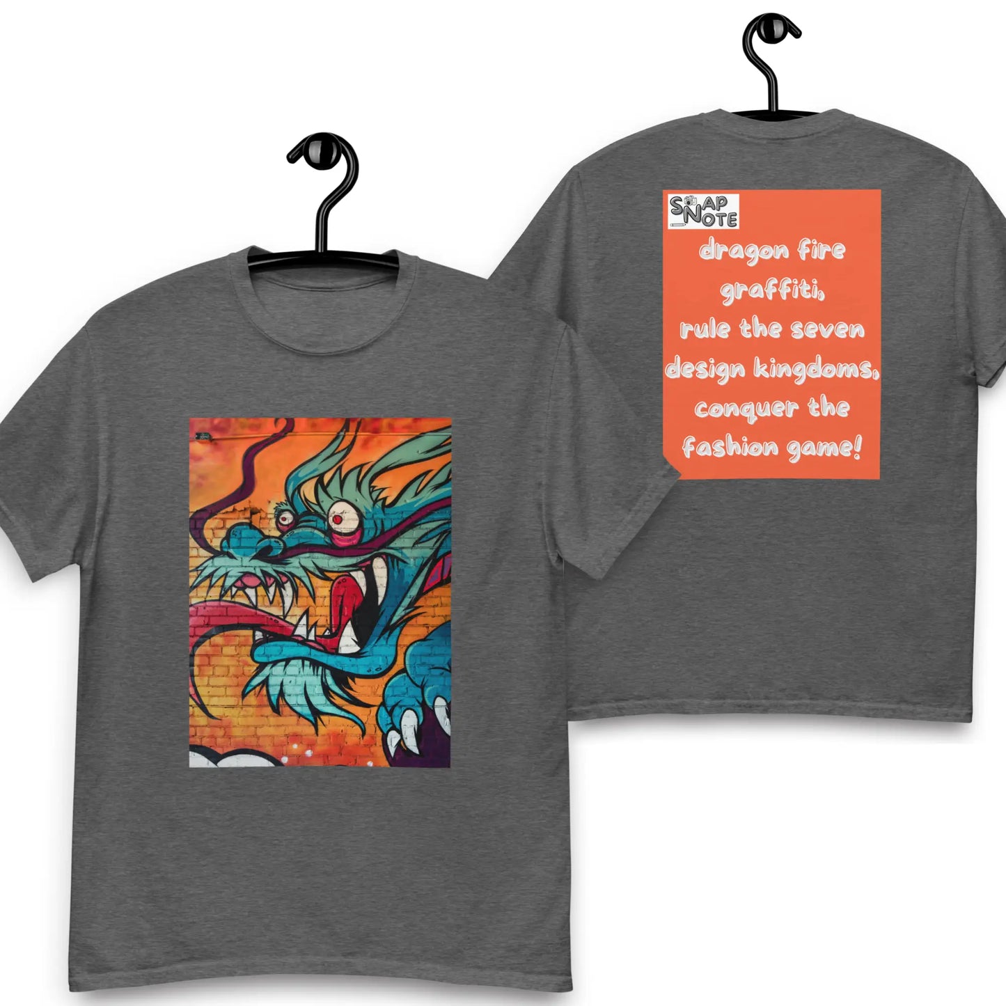 T-Shirt TShirt Tee Men Women Teens Unisex Heavy Cotton Round Neck - dragon science-fiction graffiti orange pattern - Dark-Heather - 34.90 - SnapNote streetwear