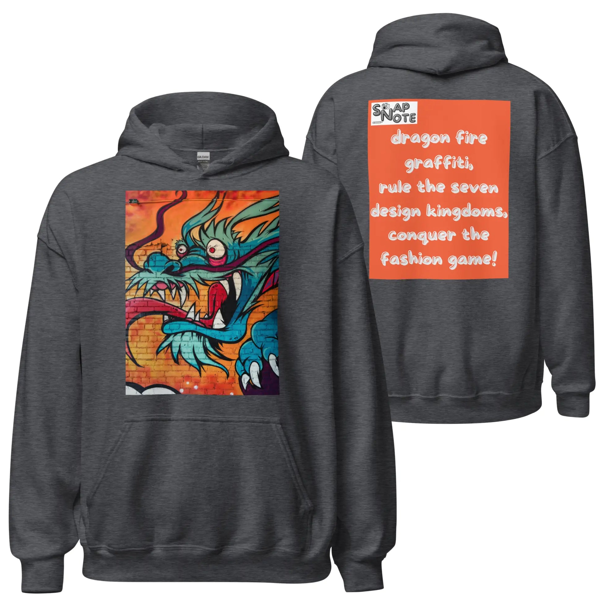 Hoodie Hooded Sweatshirt Hooded Jersey Hooded Jumper Hooded Pullover Hooded Sweater Men Women Teens - dragon science-fiction graffiti orange pattern - Dark-Heather - 74.90 - SnapNote streetwear