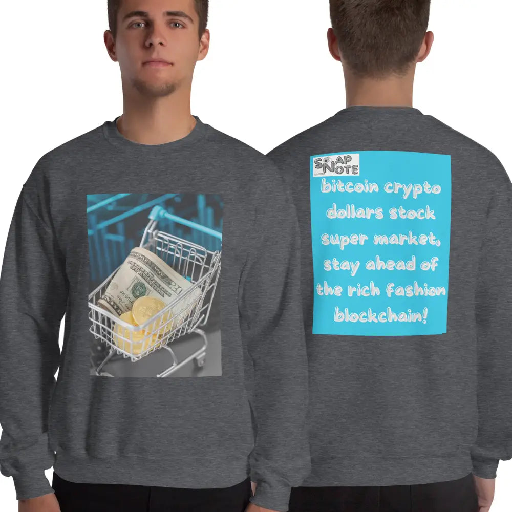 Man supermodel wearing Sweatshirt Jersey Jumper Pullover Sweater Men Women Teenagers Unisex - bitcoin crypto dollars shopping cart blue pattern - Dark-Heather - 59.90 - SnapNote streetwear