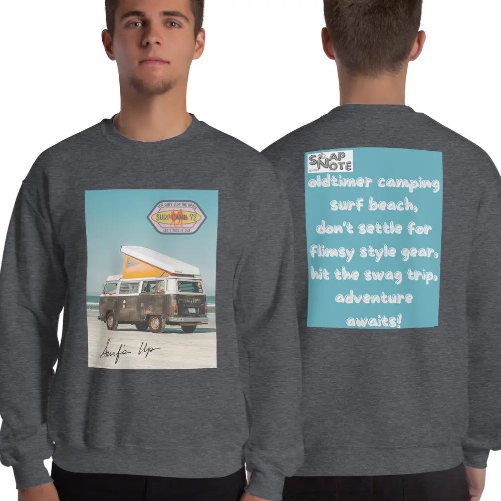 Man supermodel wearing Sweatshirt Jersey Jumper Pullover Sweater Men Women Teenagers Unisex - vintage camping van surf blue pattern - Dark-Heather - 59.90 - SnapNote streetwear