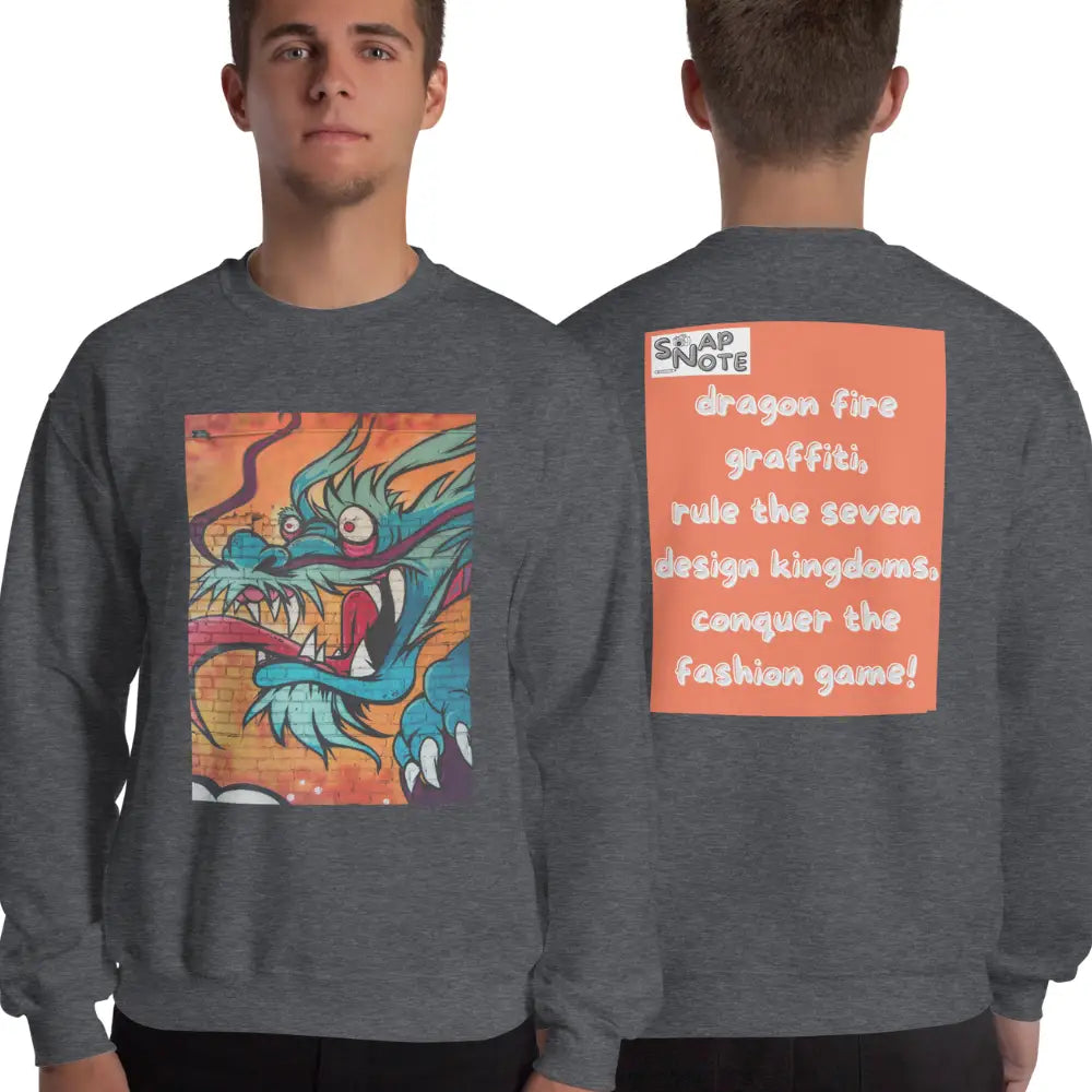 Man supermodel wearing Sweatshirt Jersey Jumper Pullover Sweater Men Women Teenagers Unisex - dragon science-fiction graffiti orange pattern - Dark-Heather - 59.90 - SnapNote streetwear