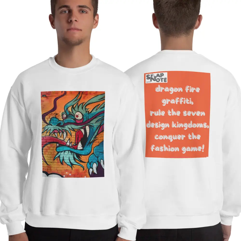 Man supermodel wearing Sweatshirt Jersey Jumper Pullover Sweater Men Women Teenagers Unisex - dragon science-fiction graffiti orange pattern - White - 59.90 - SnapNote streetwear