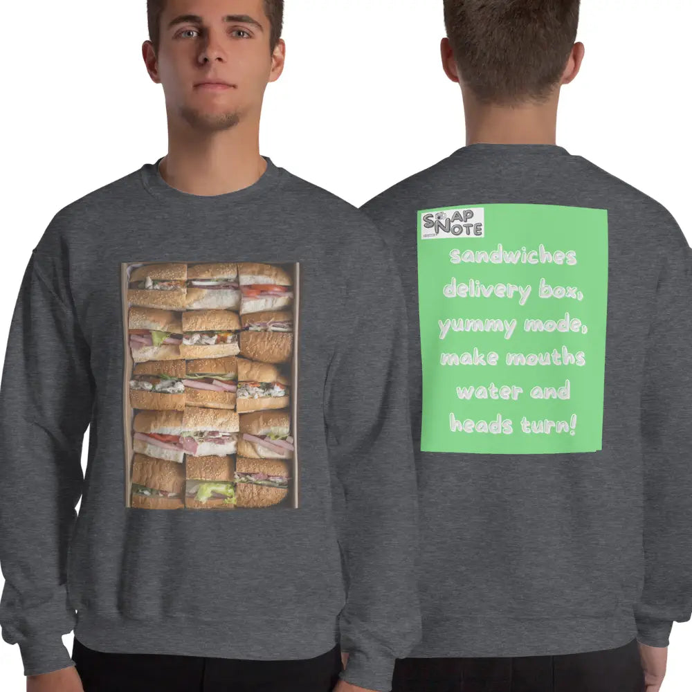 Man supermodel wearing Sweatshirt Jersey Jumper Pullover Sweater Men Women Teenagers Unisex - fast-food delivery box sandwiches green pattern - Dark-Heather - 59.90 - SnapNote streetwear