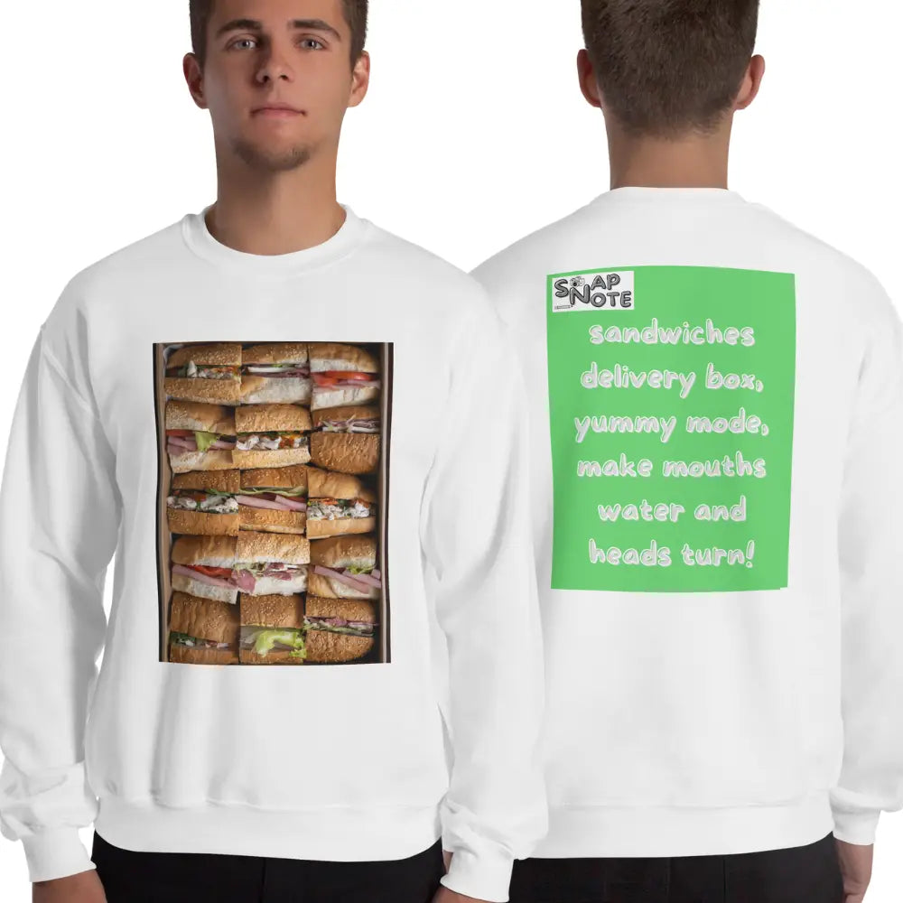 Man supermodel wearing Sweatshirt Jersey Jumper Pullover Sweater Men Women Teenagers Unisex - fast-food delivery box sandwiches green pattern - White - 59.90 - SnapNote streetwear