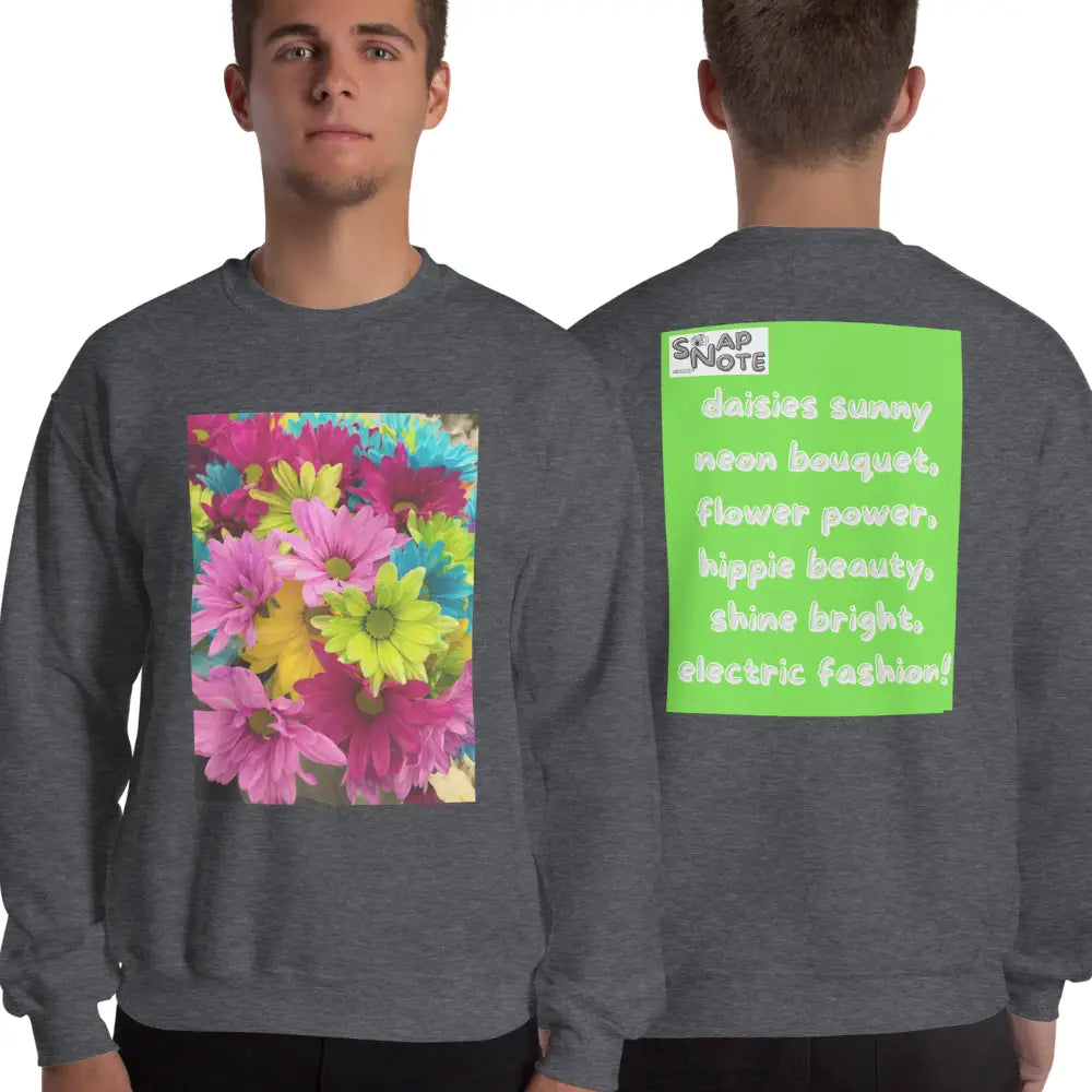 Man supermodel wearing Sweatshirt Jersey Jumper Pullover Sweater Men Women Teenagers Unisex - hippie chic flowers bouquet green pattern - Dark-Heather - 59.90 - SnapNote streetwear