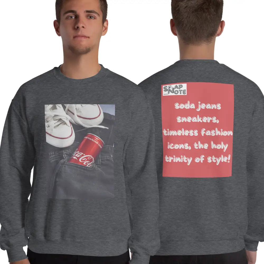 Man supermodel wearing Sweatshirt Jersey Jumper Pullover Sweater Men Women Teenagers Unisex - iconic soda jeans sneakers red pattern - Dark-Heather - 59.90 - SnapNote streetwear