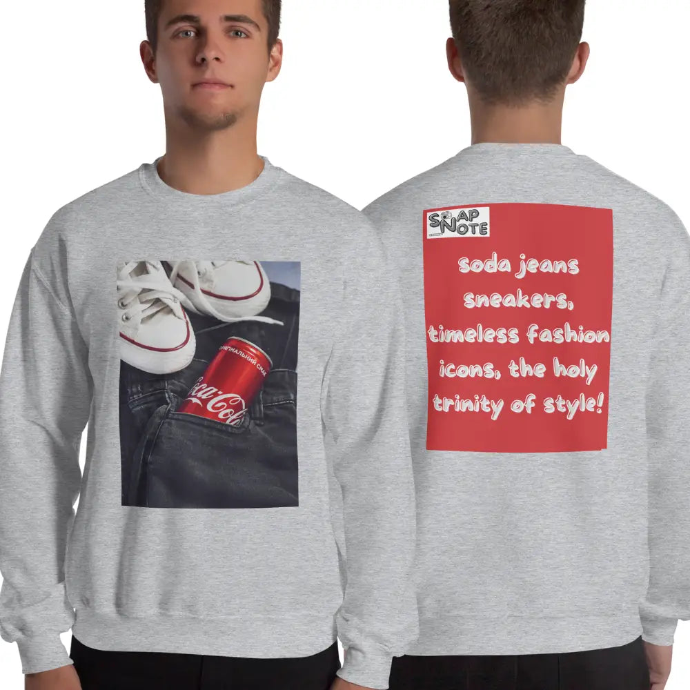 Man supermodel wearing Sweatshirt Jersey Jumper Pullover Sweater Men Women Teenagers Unisex - iconic soda jeans sneakers red pattern - Sport-Grey - 59.90 - SnapNote streetwear