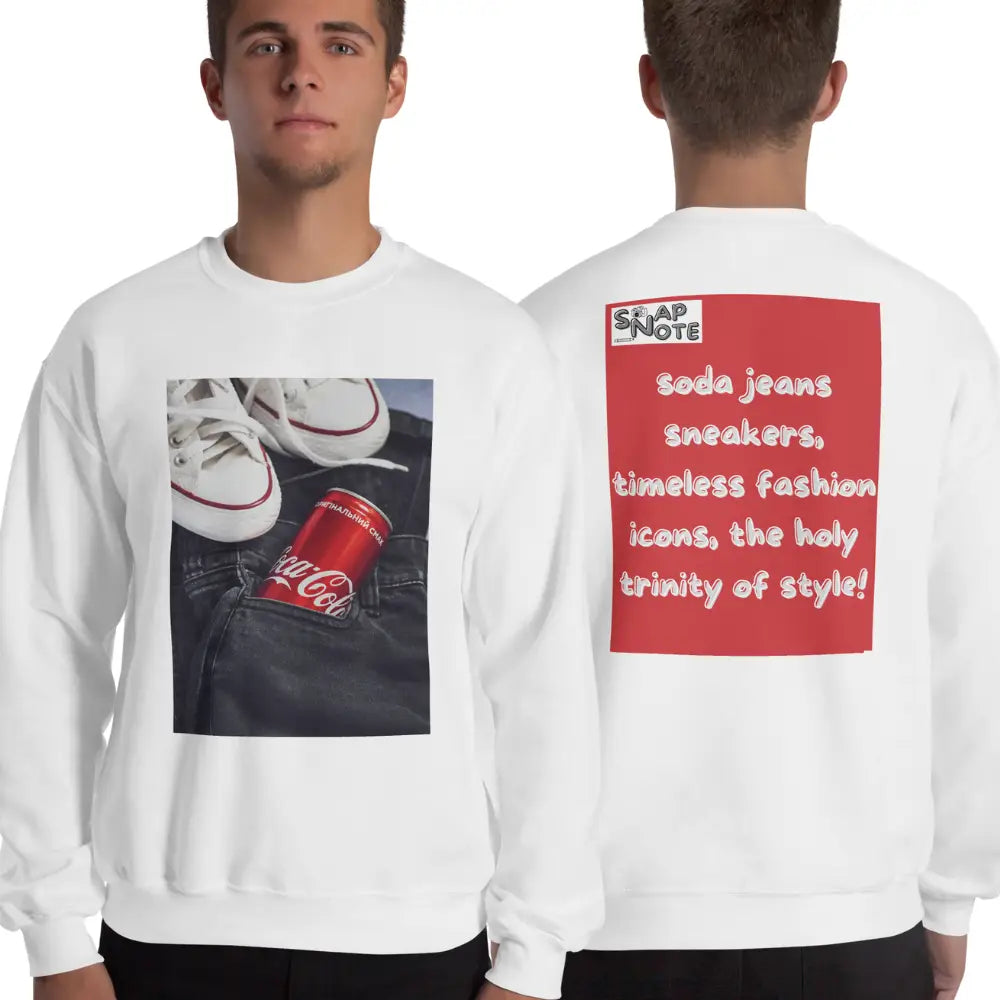 Man supermodel wearing Sweatshirt Jersey Jumper Pullover Sweater Men Women Teenagers Unisex - iconic soda jeans sneakers red pattern - White - 59.90 - SnapNote streetwear