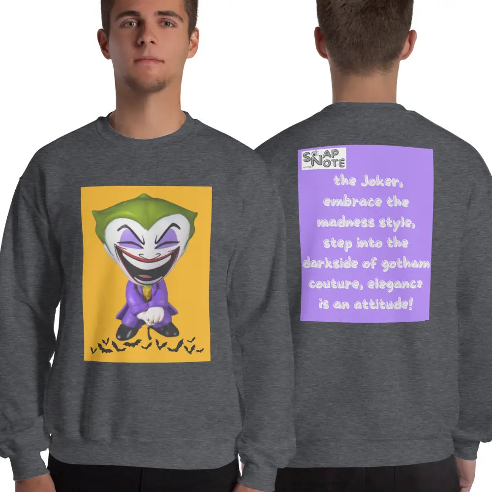 Man supermodel wearing Sweatshirt Jersey Jumper Pullover Sweater Men Women Teenagers Unisex - comics joker madness bats purple pattern - Dark-Heather - 59.90 - SnapNote streetwear