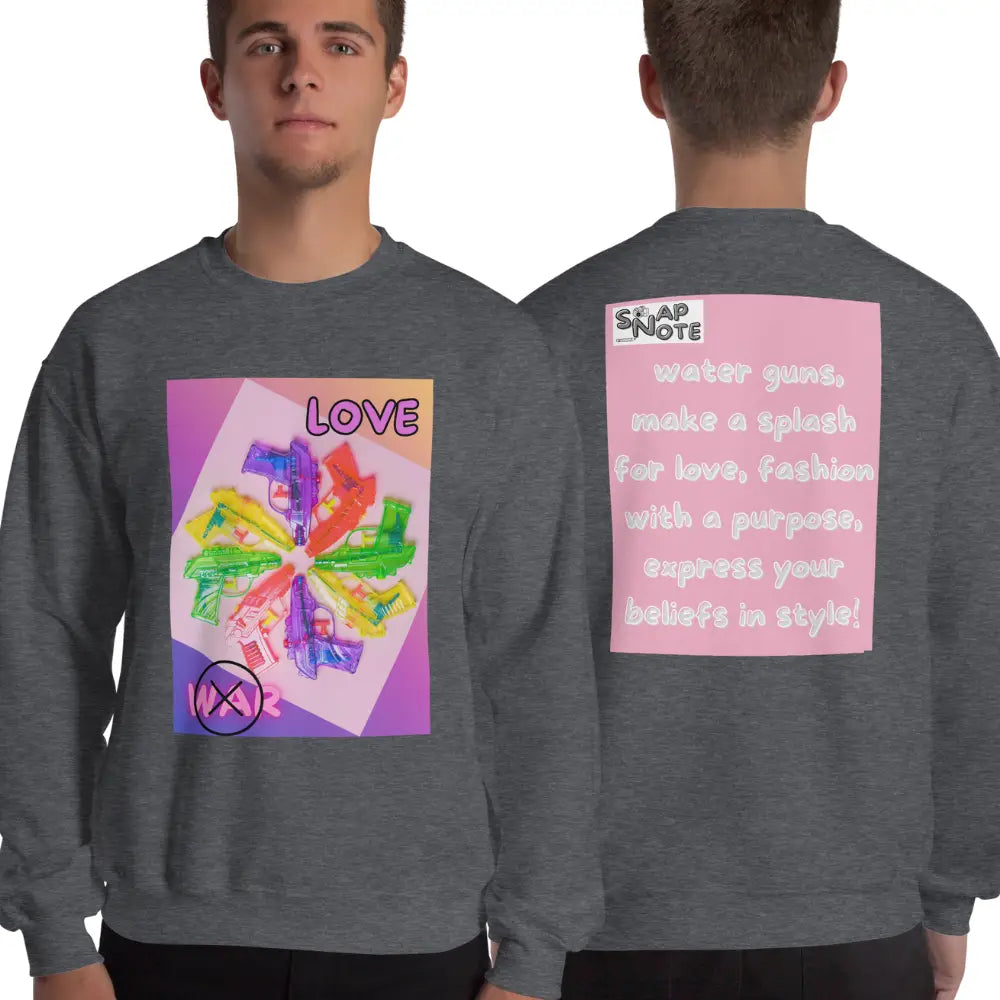 Man supermodel wearing Sweatshirt Jersey Jumper Pullover Sweater Men Women Teenagers Unisex - love not war watergun peace pink pattern - Dark-Heather - 59.90 - SnapNote streetwear