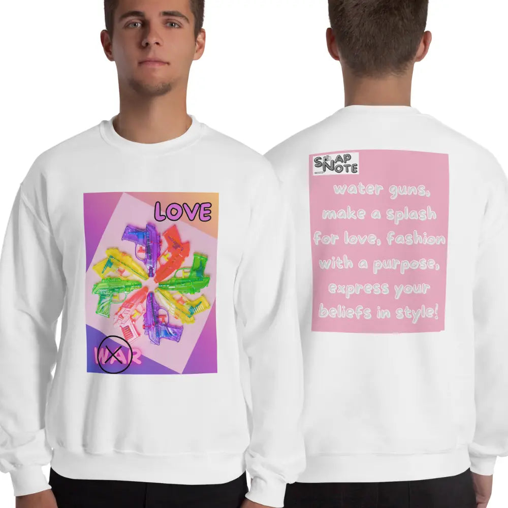 Man supermodel wearing Sweatshirt Jersey Jumper Pullover Sweater Men Women Teenagers Unisex - love not war watergun peace pink pattern - White - 59.90 - SnapNote streetwear