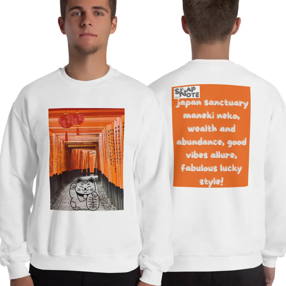 Man supermodel wearing Sweatshirt Jersey Jumper Pullover Sweater Men Women Teenagers Unisex - maneki neko sanctuary japan orange pattern - White - 59.90 - SnapNote streetwear