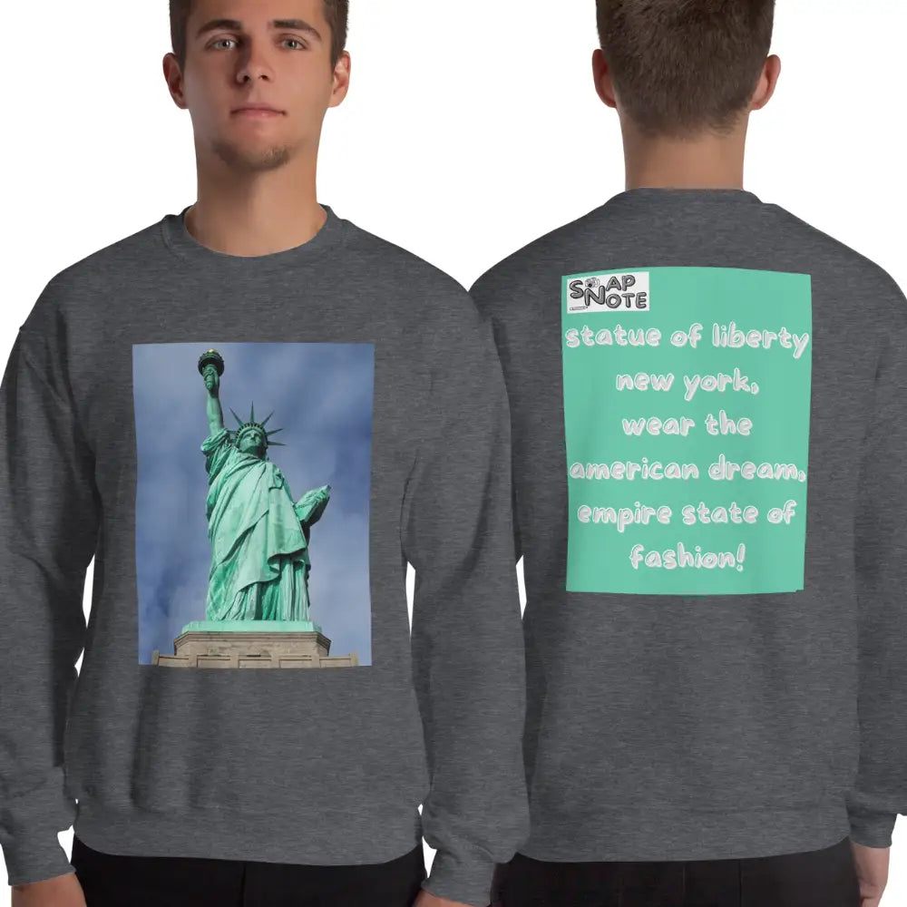 Man supermodel wearing Sweatshirt Jersey Jumper Pullover Sweater Men Women Teenagers Unisex - statue liberty new york usa turquoise pattern - Dark-Heather - 59.90 - SnapNote streetwear