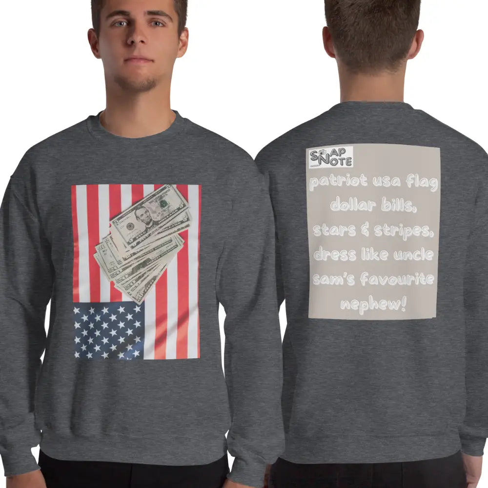 Man supermodel wearing Sweatshirt Jersey Jumper Pullover Sweater Men Women Teenagers Unisex - usa flag dollar bills beige pattern - Dark-Heather - 59.90 - SnapNote streetwear