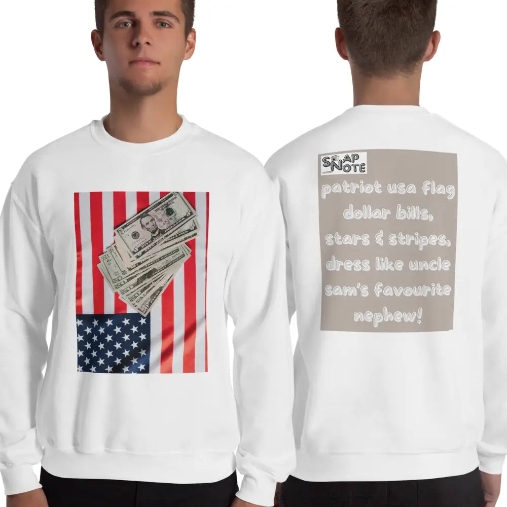 Man supermodel wearing Sweatshirt Jersey Jumper Pullover Sweater Men Women Teenagers Unisex - usa flag dollar bills beige pattern - White - 59.90 - SnapNote streetwear