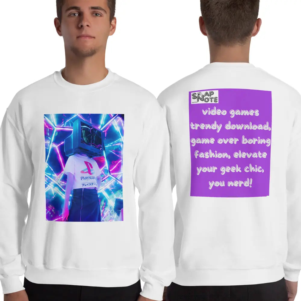 Man supermodel wearing Sweatshirt Jersey Jumper Pullover Sweater Men Women Teenagers Unisex - video game geek player purple pattern - White - 59.90 - SnapNote streetwear