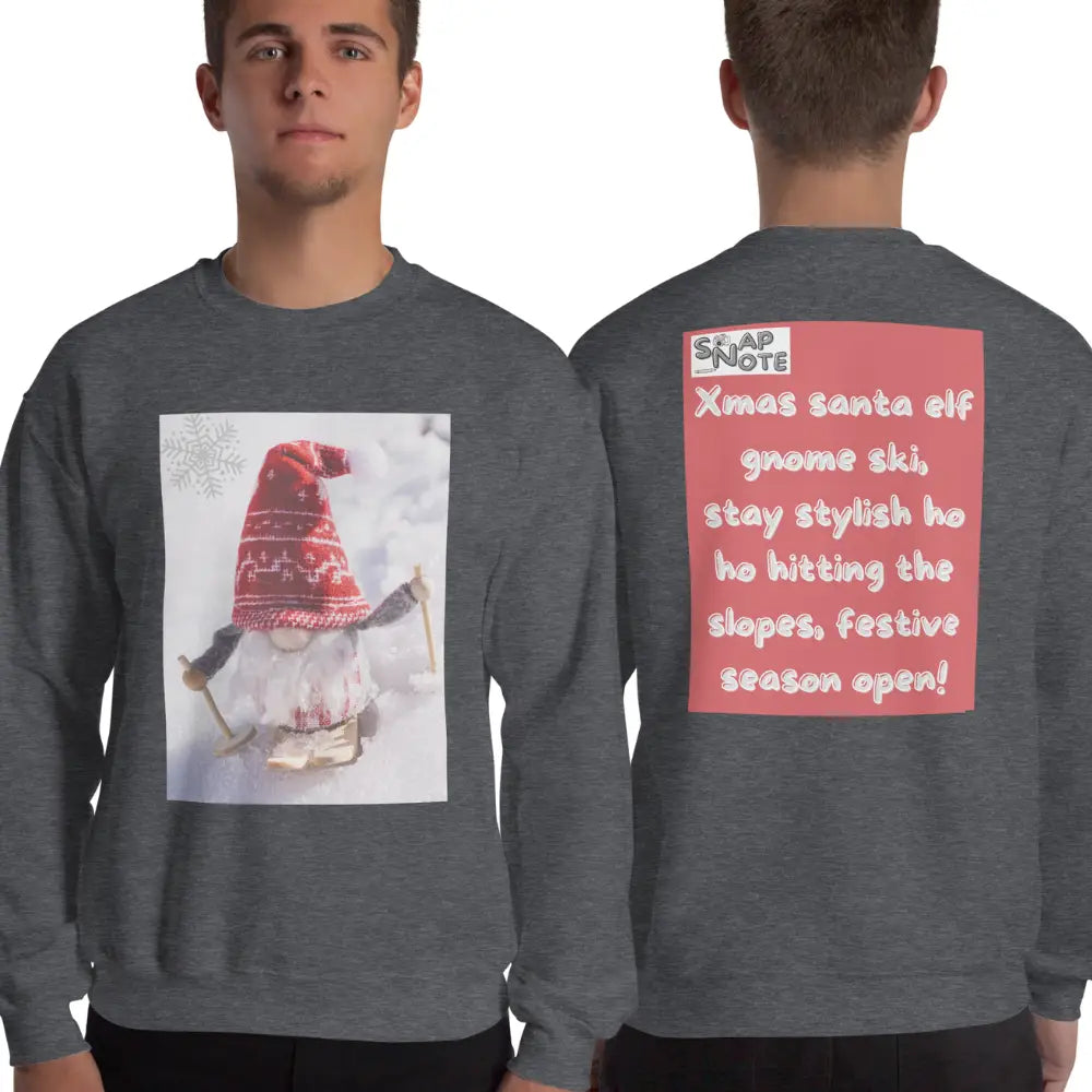 Man supermodel wearing Sweatshirt Jersey Jumper Pullover Sweater Men Women Teenagers Unisex - xmas elf gnome snow ski red pattern - Dark-Heather - 59.90 - SnapNote streetwear