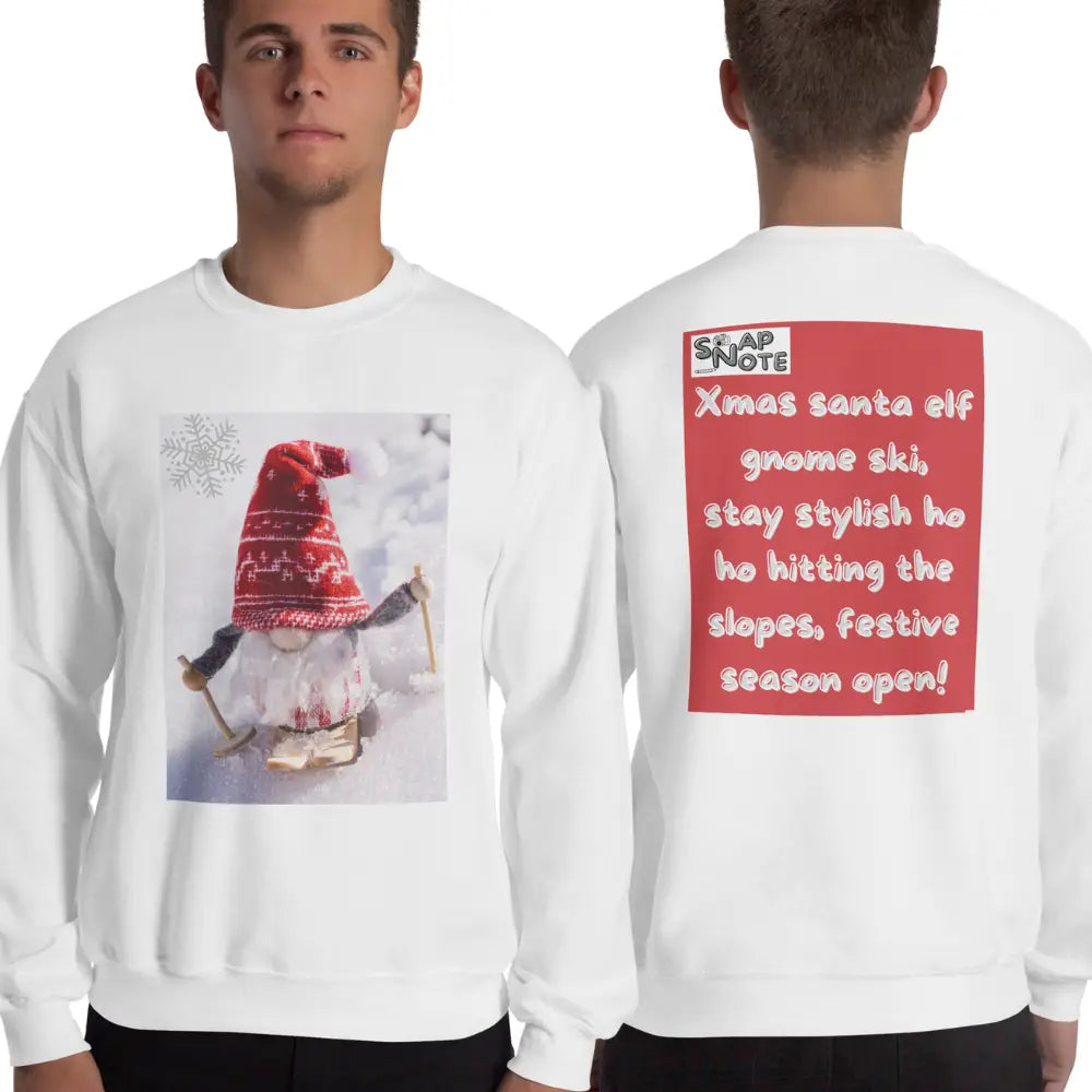 Man supermodel wearing Sweatshirt Jersey Jumper Pullover Sweater Men Women Teenagers Unisex - xmas elf gnome snow ski red pattern - White - 59.90 - SnapNote streetwear