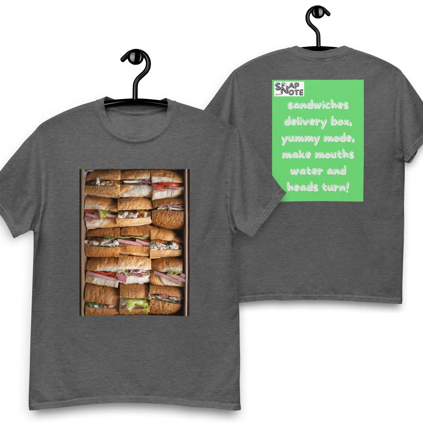 T-Shirt TShirt Tee Men Women Teens Unisex Heavy Cotton Round Neck - fast-food delivery box sandwiches green pattern - Dark-Heather - 34.90 - SnapNote streetwear